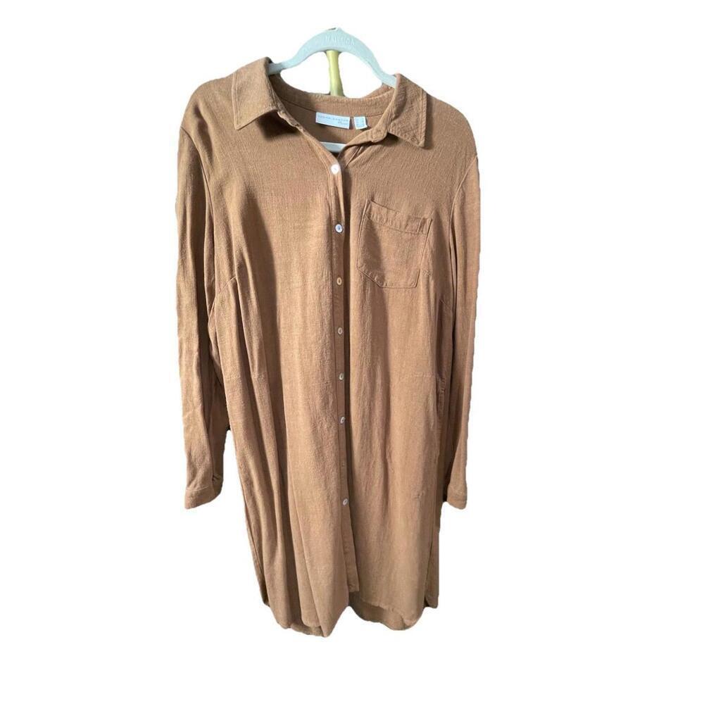 Susan Graver Pure Brown Rayon Pearl Button Down Collared Shirt Dress Small